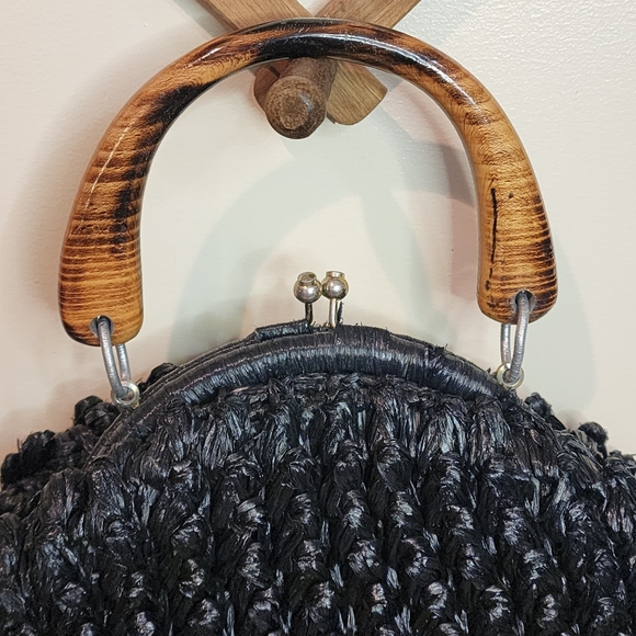 Vintage Wood Handle Purse Made in Japan Black Woven Acrylic Bowling Bag Shape - Picture 4 of 10